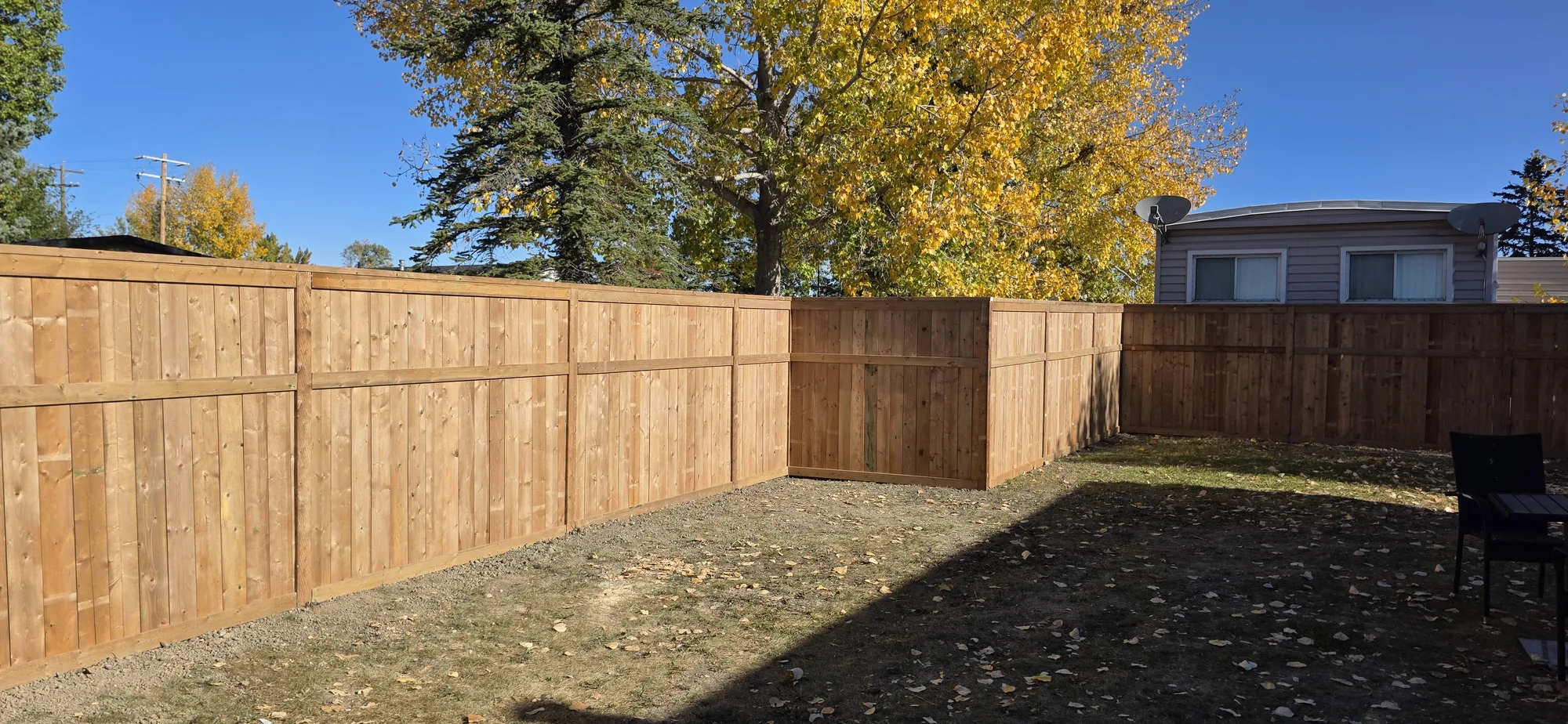 New cedar privacy fence enclosing a sunny Calgary-area residential backyard.