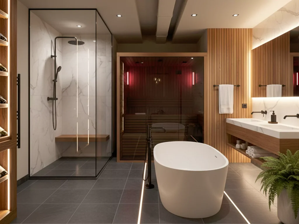 Spa-Inspired Bathroom and Sauna in a basement in Calgary, Alberta