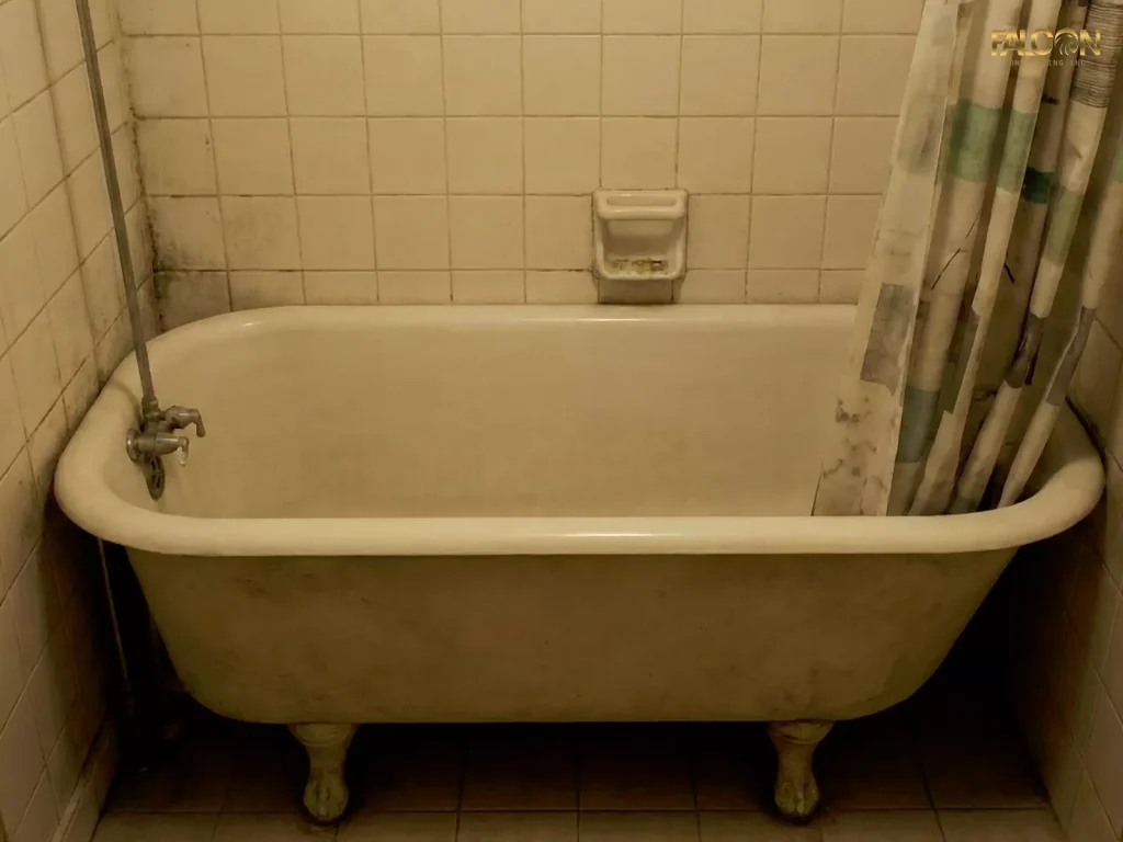 A photo shows a cramped, outdated bathroom. A large, dirty, vintage clawfoot bathtub with a moldy shower curtain and grime-stained white tiles dominates the dim space