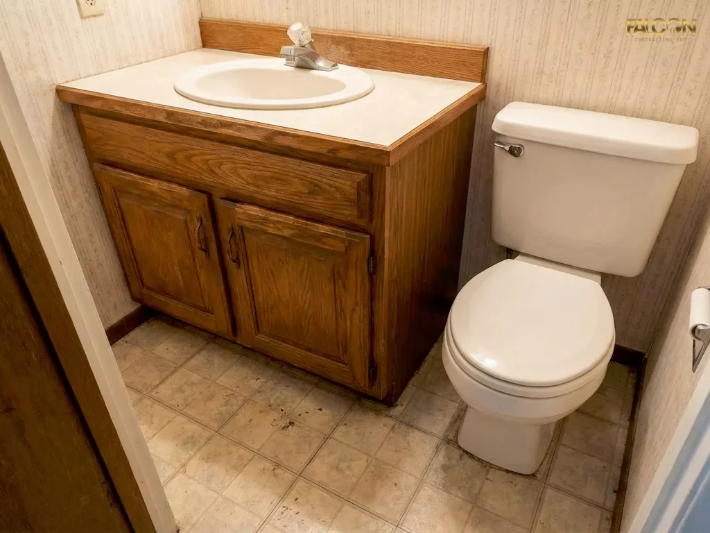 A tiny, cramped bathroom with outdated wallpaper, featuring a bulky wooden vanity cabinet and a standard floor-mounted toilet that take up most of the floor space.