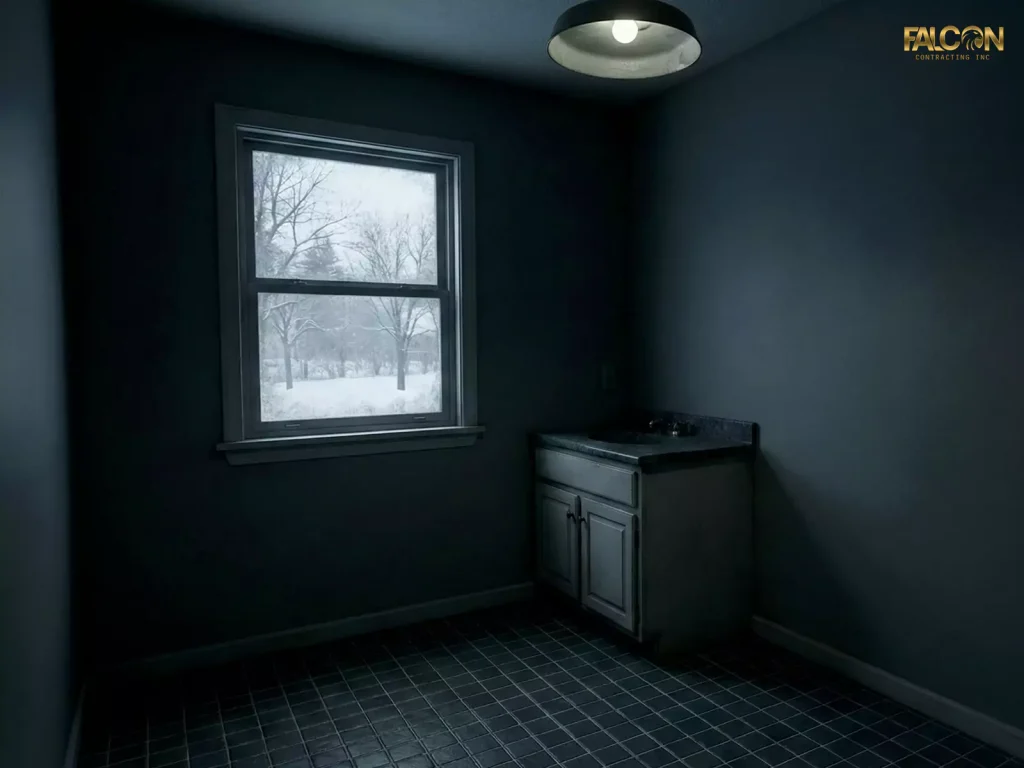 A dimly lit small bathroom in winter, showing a single overhead light casting harsh shadows and dark tiles, emphasizing the lack of natural light.