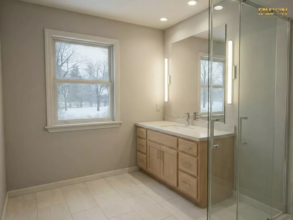 The same bathroom renovated with layered lighting, including recessed LED pot lights and sleek task lighting beside the mirror, making the space bright and inviting despite the winter view.
