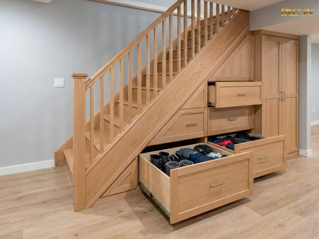 Custom-built wooden pull-out drawers and cabinets installed under a staircase in a renovated basement, maximizing storage space in a small footprint.