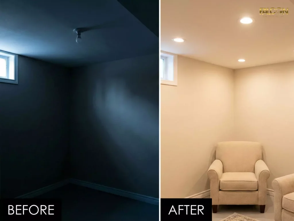 Before-and-after comparison of a basement corner in Calgary. The 'Before' side is dark and gloomy with a single bulb, while the 'After' side is bright and inviting with warm recessed ceiling lights.