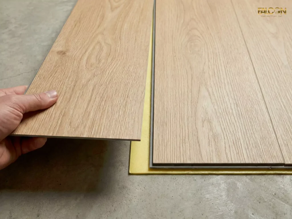 A hand holding a plank of light oak Luxury Vinyl Plank (LVP) flooring during installation on a concrete basement floor, showing the click-lock system and underlayment.
