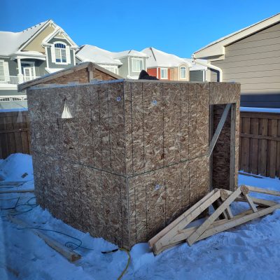 Winter construction site of a backyard garden suite featuring OSB sheathing installed on the walls, with wooden roof trusses lying on the snowy ground ready for installation, surrounded by residential houses.