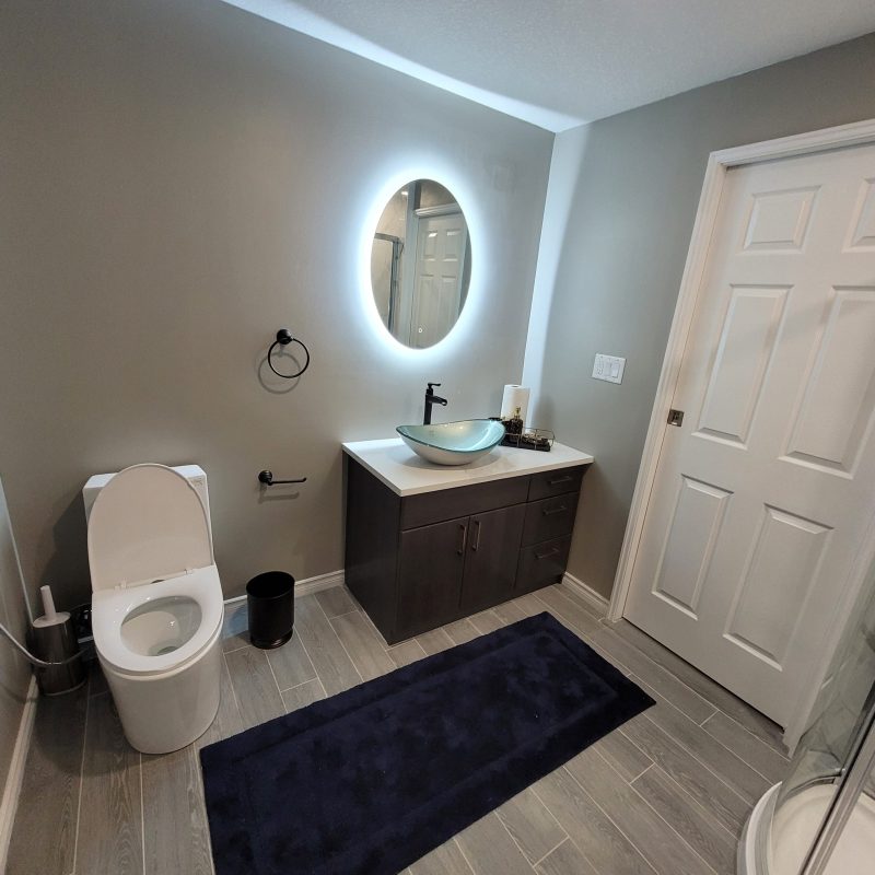 Modern bathroom interior featuring a dark vanity with a glass vessel sink, an oval LED-backlit mirror, a white toilet, grey wood-look tile flooring, and a navy blue rug.